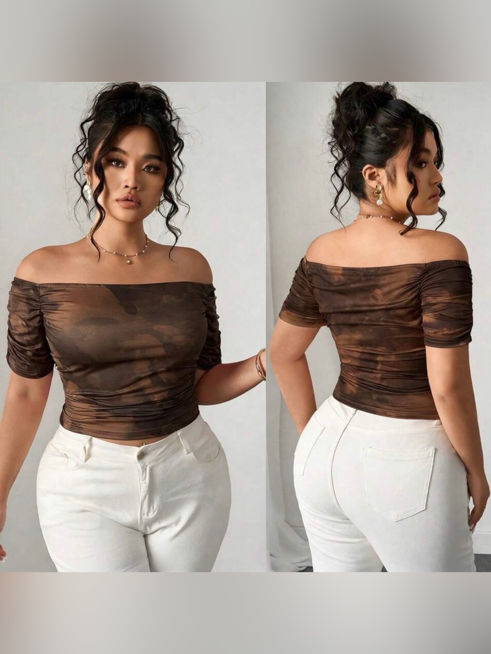 SHEINCurve Brown Tie-Dye Off-Shoulder Ruched Crop Top
